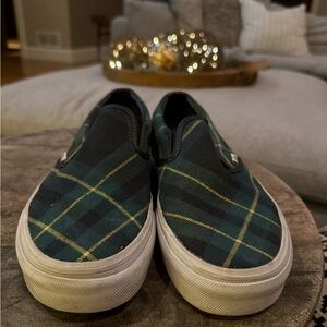 Vans Green and Black Checkered Slip-Ons 7.5